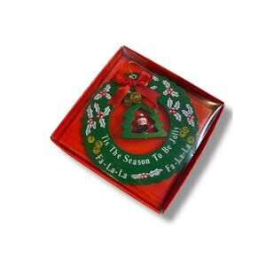 1986 Giftco Christmas is Love Wood Wreath Santa Hanging Ornament 5”